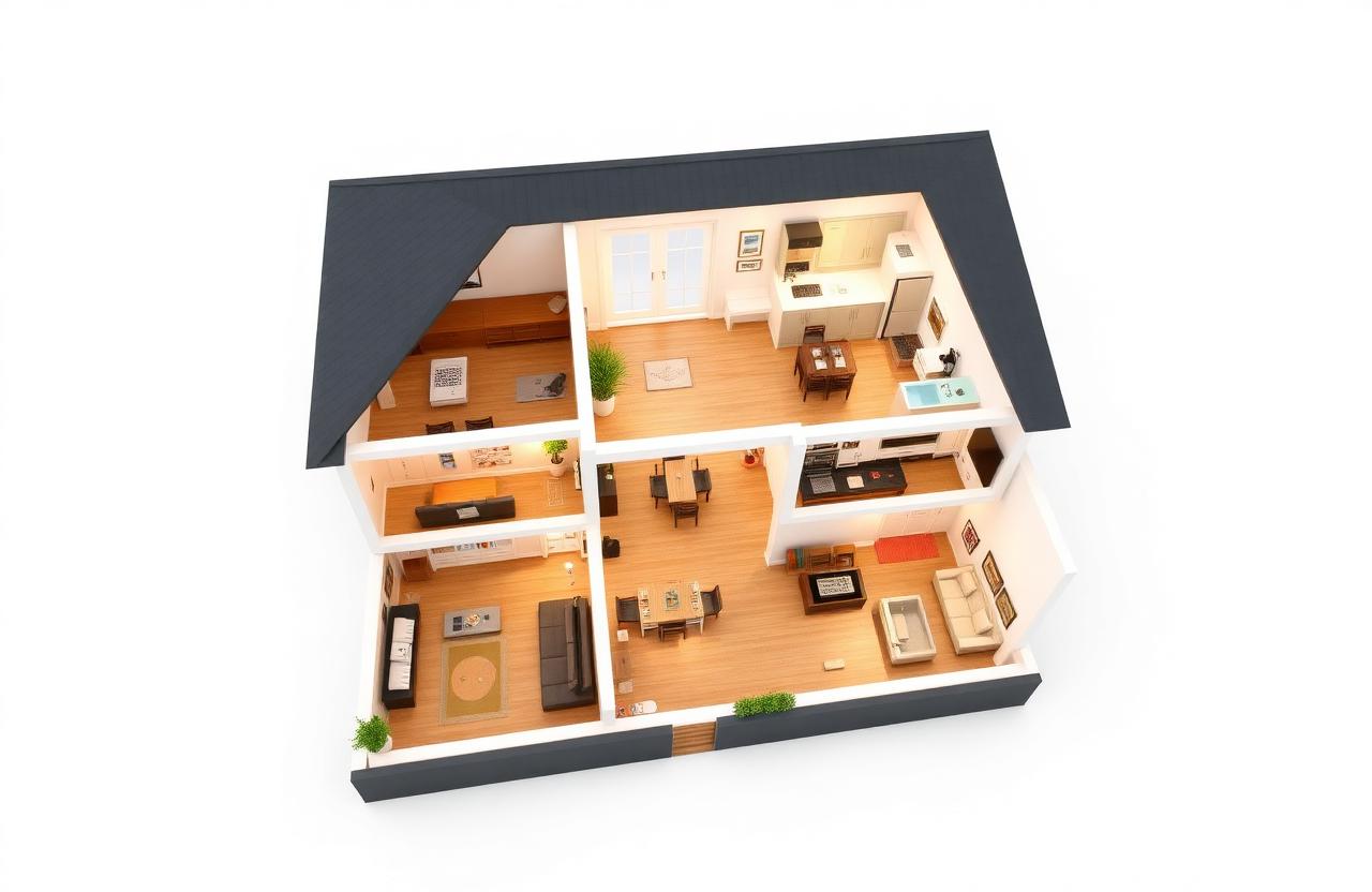 Vista dollhouse di un virtual tour Matterport: la casa vista dall'alto come un modellino 3D