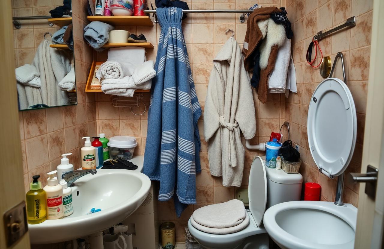 Bagno con shampoo, accappatoio appeso, asciugamani usati e tavoletta WC alzata