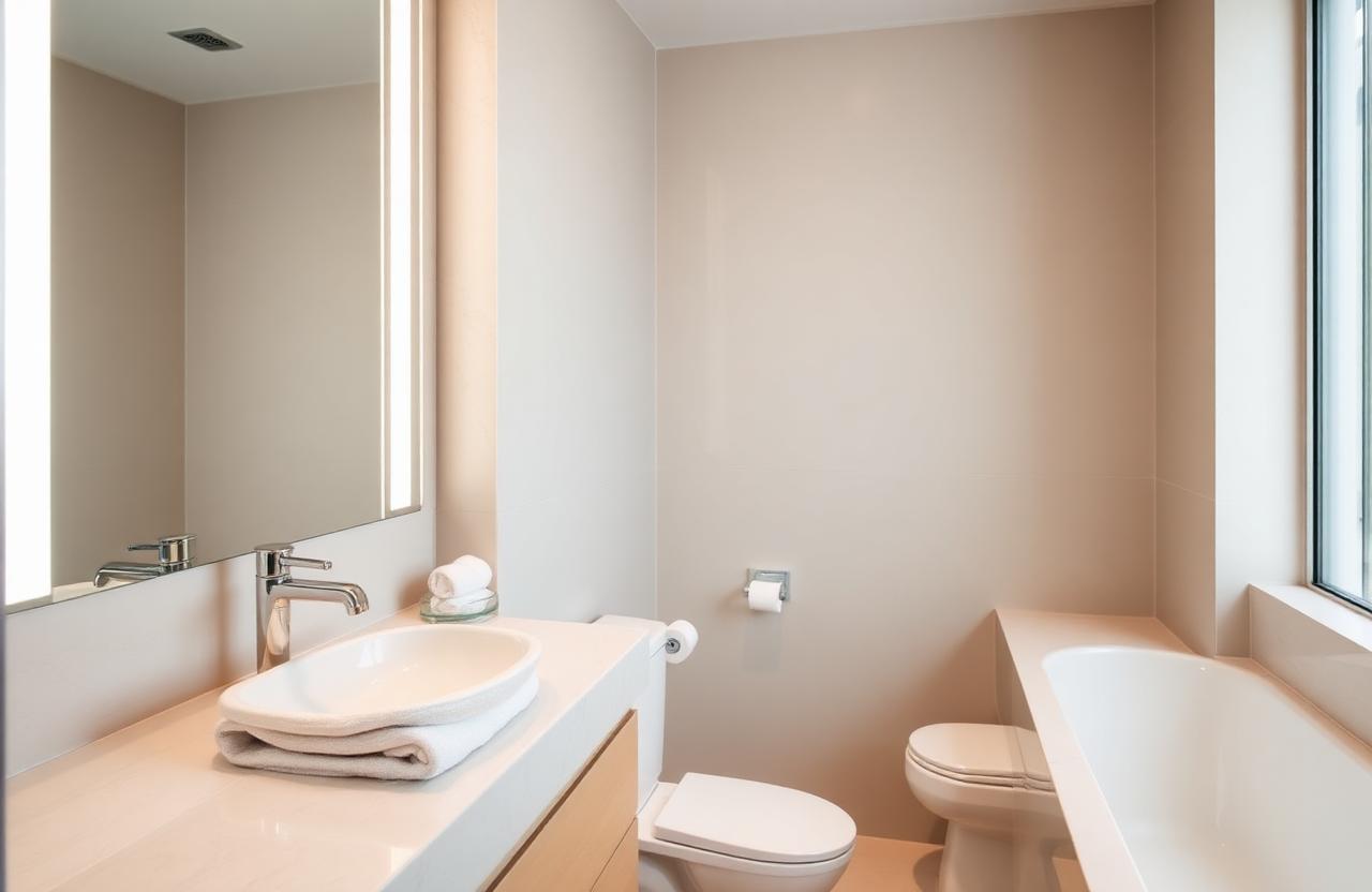 Bagno minimal con asciugamani piegati e tavoletta WC abbassata