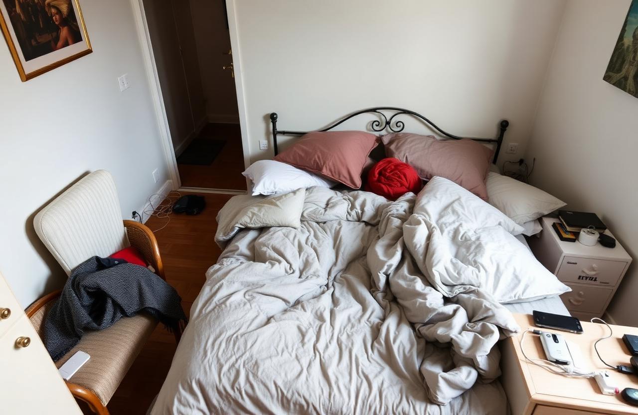 Letto disfatto con vestiti sulla sedia e cavi sul comodino