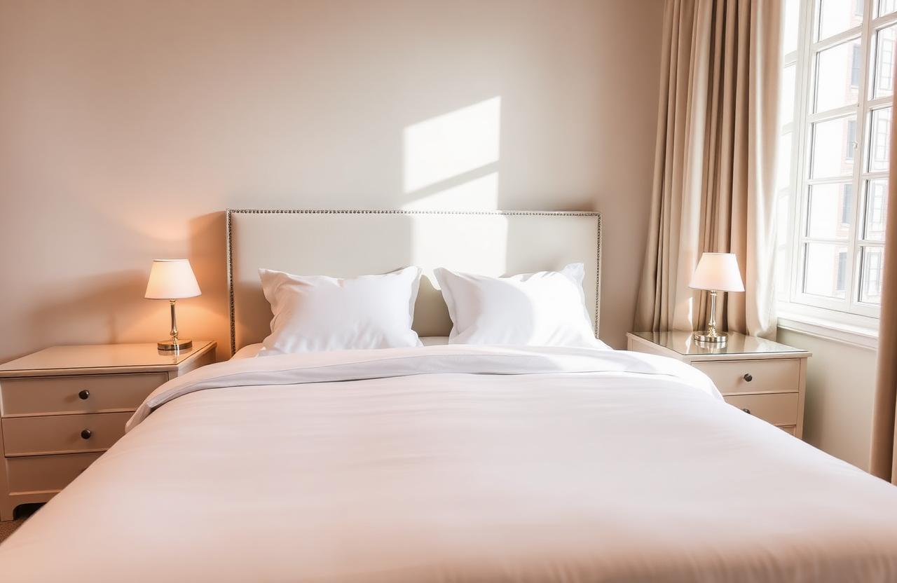 Letto rifatto con biancheria bianca neutra e comodini sgombri