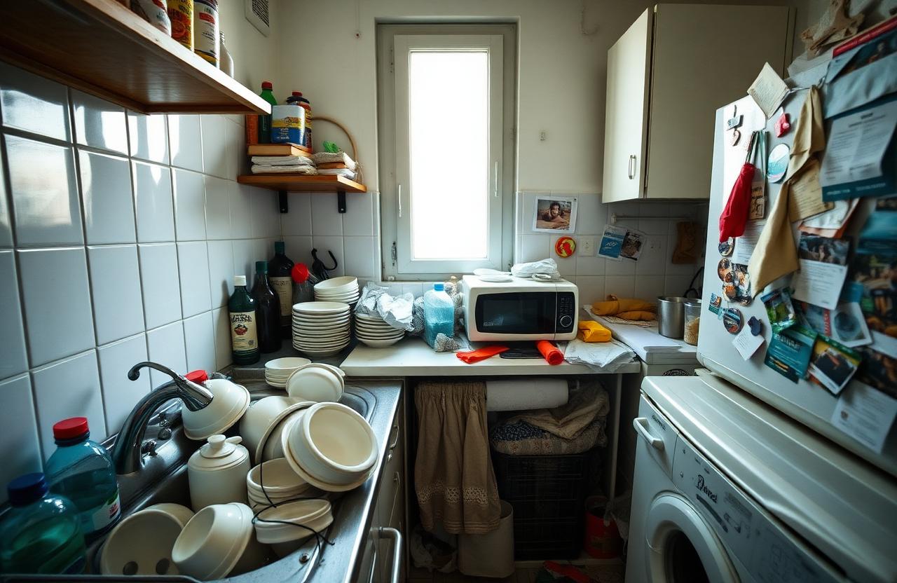 Cucina disordinata con piatti nel lavandino e calamite sul frigo